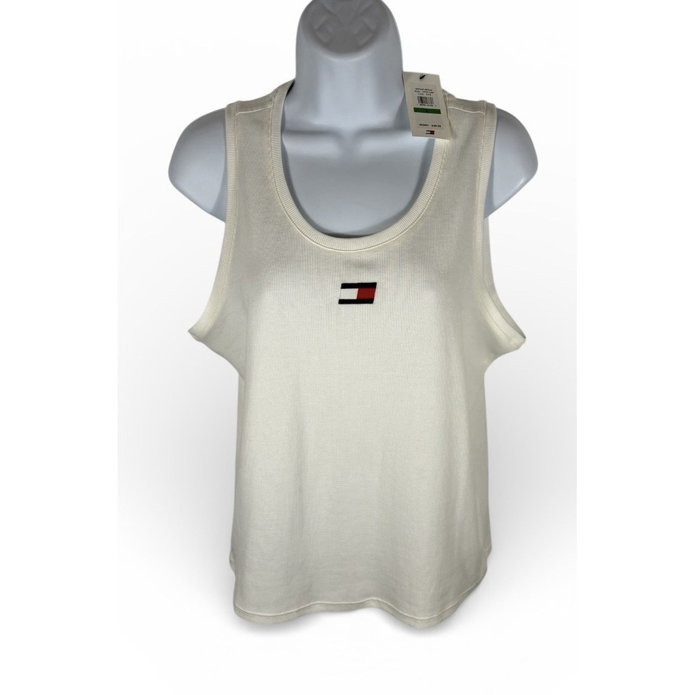 Tommy Hilfiger Women's Ribbed Tank Top White with Logo Size Large NWT -1532
